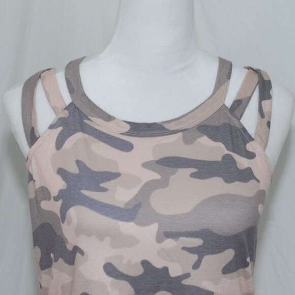 Peekaboo Shoulders Camo Tank Top Womens Small Multi Strap Tan Gre - Picture 2 of 5